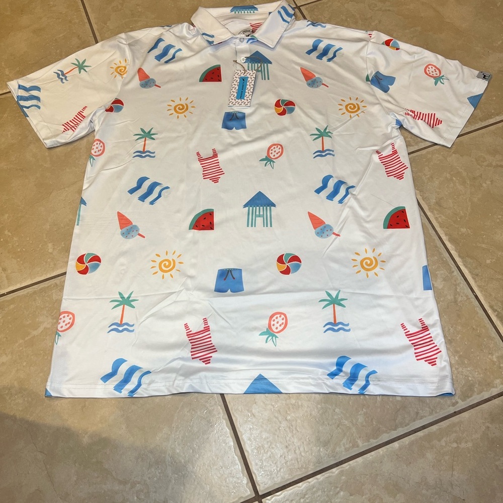 White Short-Sleeve Polo with Multicolor Summer Print